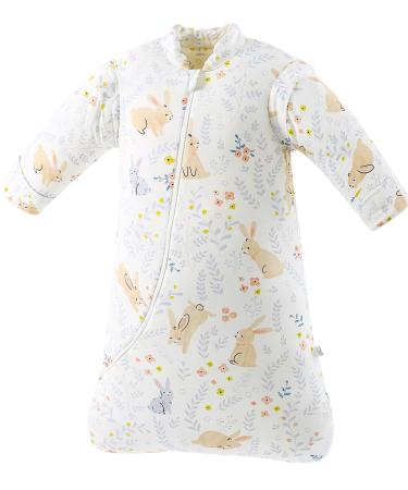 Toddler Winter Sleeping Bag with Removable Sleeves Rabbit Print Baby Sleep Sack Front Double Zipper Baby Girl and Boy Cotton Wearable Blanket for Kids 24-48 Months