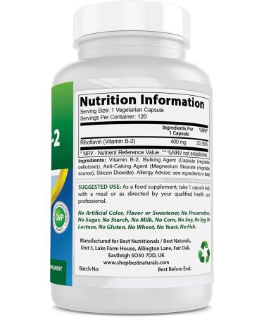 Best Naturals Vitamin B2 (Riboflavin) 400mg - Veggie Capsules - Conezyme Precursor - 120 Count (120 Count (Pack of 3)) - Buy Online on GoSupps.com