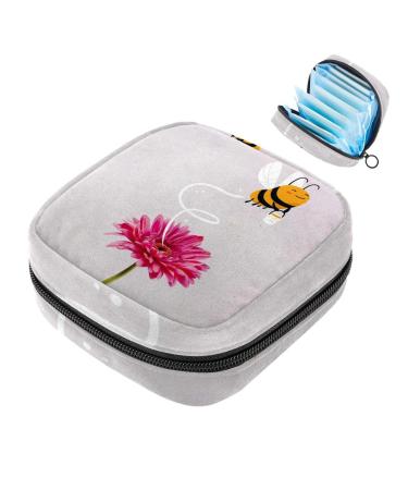 Menstruation pad bag with zipper women's napkin bag tampons collecting bags for women and girls (bee with pink daisies)