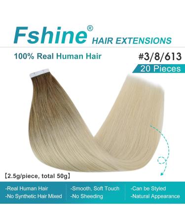 FSHINE Tape-In Real Hair Extensions 35cm | 20 Pieces 50g Dark Brown to Ash Brown with Balayage | #3/8/613 - Buy Online on GoSupps.com