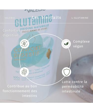 L Glutamine | 3000mg/dose | Muscle Recovery and Gut Health | Anti-inflammatory (Turmeric & Zinc) | Peach Taste Vegan and Made in France | 100g Powder | Valebio - Buy Online on GoSupps.com