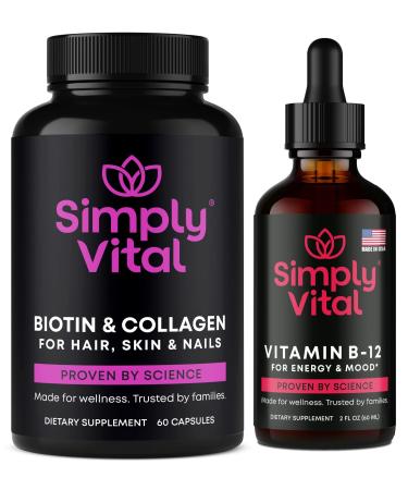 Bundle & Save 20% - Vitamin B12 & Biotin Vitamins for Hair Skin & Nails - Health & Beauty Complex with Marine Collagen Peptides for Hair Growth Energy & Mood Boost - Made in USA
