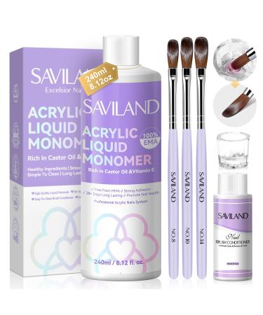SAVILAND Acrylic Liquid Monomer with Brush Cleaner: 8.16 fl.oz Pure EMA Monomer Acrylic Nail Liquid with 3pcs Acrylic Nail Brushes Versatile Dappen Dish for Starter Nail Extension Home Nail Salon