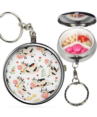 Pack of 2 - Portable Pill Organizer (Cute Cows Character) Metal Medicine Box 3 Compartment Stash Vitamin Meds Case with Keychain