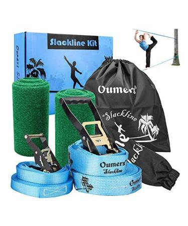Oumers Beginner Slackline Kit, Complete Slack Line Gift Set with 50ft Main Blance line Training Line Tree Protector Ratchet Cover Carry Bag for Kids Adults, Easy Setup Slacklines Balance Strap Blue