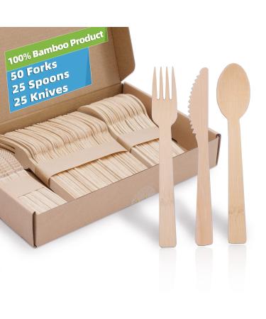 Disposable Bamboo Utensils, ZHUZHIYUAN 100pcs Compostable Cutlery | 50 Forks, 25 Knives, 25 Spoons| Biodegradable, Eco-Friendly, Camping, Party, Home Use ZS029TA