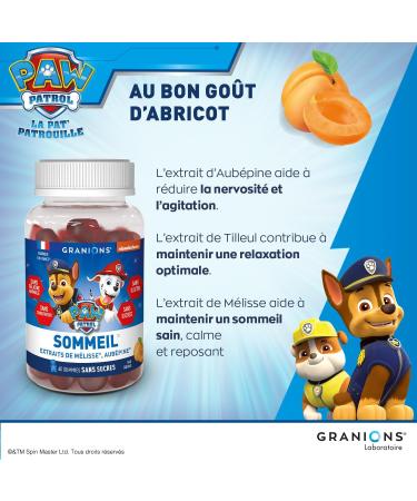 PAT PATROL GRANIONS Sleep Gummies | Dietary Supplement | Relaxation Healthy Sleep | Lemon Balm Extract Hawthorn | Apricot Flavor | No Animal Gelatin No Sugars | Made in FR | 60 Gummies - Buy Online on GoSupps.com