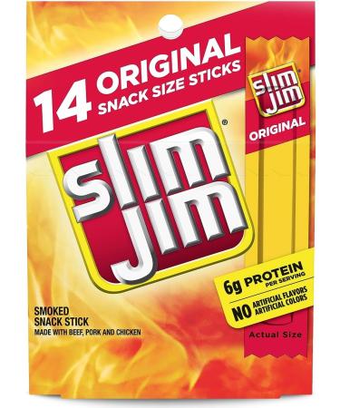 Slim Jim Snack Sized Original Spicy Sausage Snacks (14 total sticks 8g per) with Water Cooler Trivia Game by BIG MAPLE . Great for Snacking at Home School Office Friends Family - Buy Online on GoSupps.com