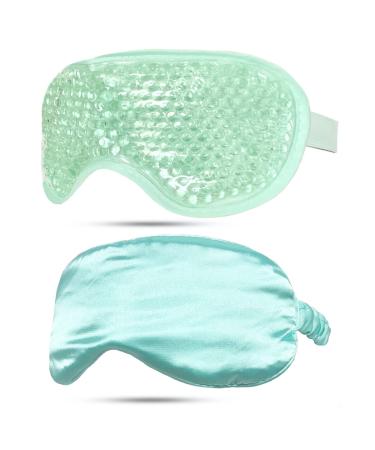 Gel Eye Mask + Silk Sleep Mask  Hot/Cold Eye Mask Ice Relax & Massage Eye Mask for Puffy Eyes/Dark Circles/Eye Bags /Dry Eyes/Headaches/Migraines/Stress Relief  Adjustable Strap Reusable (Light Green)