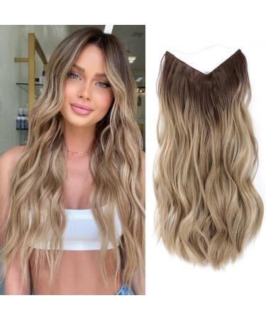 KBH Invisible Wire Hair Extensions Highlights Wavy Curly Long Synthetic Hairpiece Adjustable Transparent Headband for Women 20 Inch (20inch Medium Brown Ash Blonde)