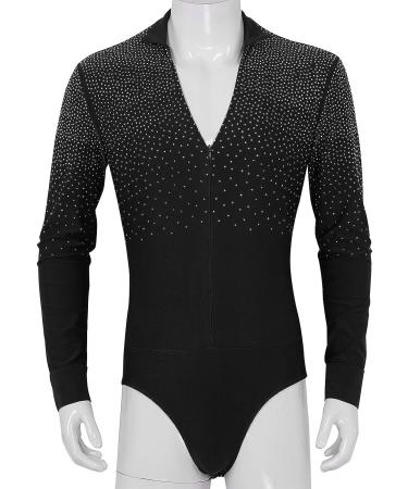 XUNZOO Men's Latin Ballet Ballroom Dance Leotard | Long Sleeve Mesh Splice | Shiny Rhinestones | Black Zipper | Medium - Buy Online on GoSupps.com