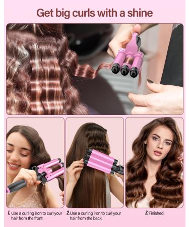 Buy 3 Barrel Curling Iron for Beach Waves - Fast Heating Temperature Adjustable Pink Curler with Gloves - Buy Online on GoSupps.com
