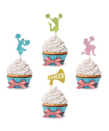 Ambishi 24pcs Cheerleader Cupcake Toppers Colorful Glitter Cheerleader Gymnastics Cupcake Picks Cheer Up Theme Party Cake Decoration Toothpicks Girls Birthday Party Favors Supplies and Gifts