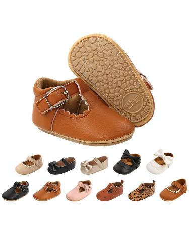 Baby Girls First Walking Shoes Mary Jane PU Leather Anti-Slip Princess Shoes Infant Baby Shoes 6-12 Months D Brown