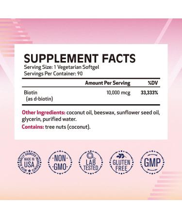 Biotin 10,000 mcg with Coconut Oil - Vegetarian Hair, Skin & Nails Health Support - 90 Softgels - Buy Online on GoSupps.com