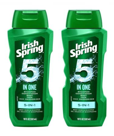 Irish Spring 5-in-1 Shampoo, Conditioner, Body Wash, Face Wash and Deodorizer, 18 oz (Pack of 2)