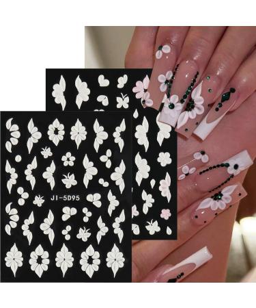 YJHAT 5 Sheets 5D Embossed White Flowers Nail Stickers Decals Rose Butterfly Nail Art Stickers Self-Adhesive Stereoscopic Nail Art Supplies Decoration for DIY Nail Tips Design - Buy Online on GoSupps.com
