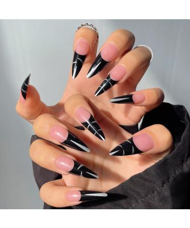 JUSTOTRY 24 Pcs Stiletto Fake Nails Long Black French Press on Nails with Sliver Patterns Beautiful Almond Stick on Nails for Women Acrylic Extra Long False Nails Long with Glue for Nail Art black& Stiletto5 - Buy Online on GoSupps.com