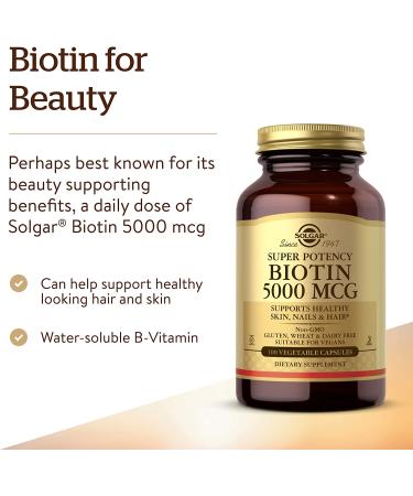 Solgar Biotin 5000 mcg - 100 Vegetable Capsules for Healthy Hair, Skin & Nails - Buy Online on GoSupps.com