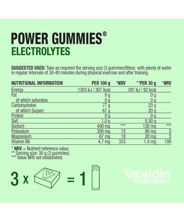 VITALDIN SPORT Power Gummies Electrolytes Electrolyte Replacement 120 mg Sodium 90 mg Potassium 20 mg Magnesium per serving + Vitamin B6 30 Chewable Gummy Bites Lime Flavour Vegan - Buy Online on GoSupps.com