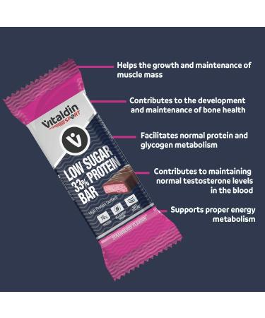 VITALDIN SPORT Low Sugar 33% Protein Bar Strawberry Protein Bars 12u x 45g Sports Energy Bar With Protein For Bodybuilding Vegan Protein Contributes to the growth of your muscle. - Buy Online on GoSupps.com