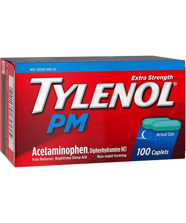 Tylenol PM Extra Strength Caplets 100 ct | Nighttime Pain Relief & Sleep Aid with Acetaminophen & Diphenhydramine HCl - Buy Online on GoSupps.com