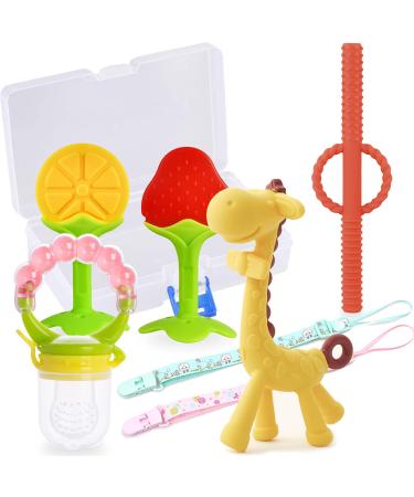 Baby Teething Toys Alled Teethers for Newborn Infants Girls Boys Teething Toy Silicone Freezer Safe Freezable Teether with Baby Fruit Feeders/Hollow Teething Tubes/Holder Strap Clip/Storage Case Teether Set
