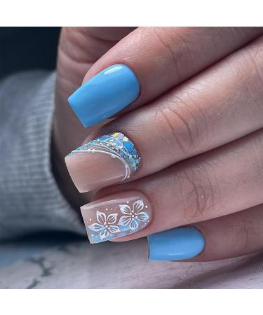 OKAQEE Nails Fake Nails Almond Solid Color Short Square False Nails with Glue (Blue Gold)
