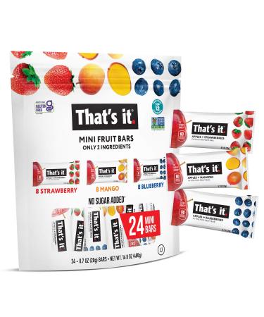 That's it. Mini Fruit Bars (Variety 24 PACK) No Sugar Added, Plant-Based, Vegan & Gluten Free, Breakfast Bar, Paleo, for Children & Adults, Non GMO, Fiber (8 Blueberry, 8 Strawberry, 8 Mango)