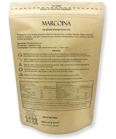 Marcoina Moringa Leaves Herbal Tea - Caffeine-Free Cut Leaf 227g(8oz) Origin from India Premium Quality in Resealable Bag Kosher Vegetarian Vegan Non-GMO MORINGA Leaves Cut 227g(8oz) - Buy Online on GoSupps.com