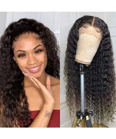 Water Wave Wig Lace Front Wigs Human Hair T-Part Wig For Black Women Brazilian Virgin Human Hair Wigs 4x1 Water Wave Pre Plucked with Baby Hair Deep Curly 150% Density(T-Part Wig, 16 inch) 16 Inch (Pack of 1) T-Part Wig