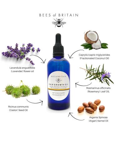 Hair Growth Oil - 100% Natural Argan Coconut Rosemary & Lavender | 100ml | Bees of Britain - Save Bees 5% Donation - Buy Online on GoSupps.com