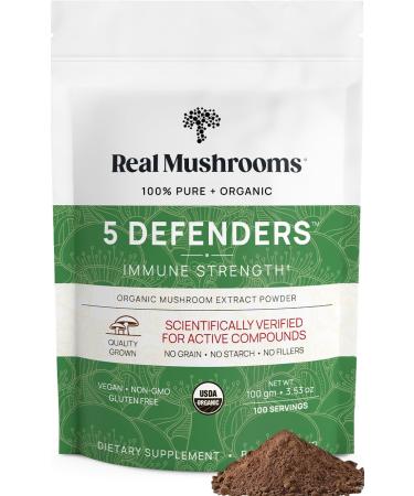 Real Mushrooms 5 Defenders Mushroom Complex Powder Organic Mushrooms Extract from Chaga Reishi Turkey Tail Maitake & Shiitake Mushroom Blend for Wellness Support with Beta Glucans - 100 Servings