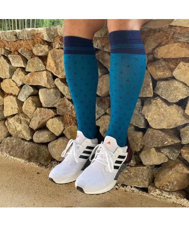 Comfy Merino Wool Compression Socks for Women & Men - JAVIE Knee High (15-20mmHg) - Teal/Navy Dots - Buy Online on GoSupps.com