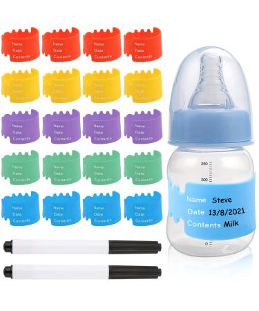 NASHARIA Bottle Labels Daycare Reusable: 20PCS Baby Bottle Labels 5CM Silicone Baby Bottle Labels for Daycare with 2 Marker Pens for Name Bands Baby Bottle Labels for Daycare Waterproof (5 Colors)