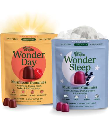 Plant People WonderDay & WonderSleep Mushroom Gummies Bundle Daily Energy Mood & Immune Support + Nighttime Sleep & Relaxation Vegan - 60 Count Each