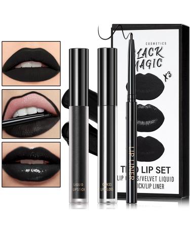 Black Matte Liquid Lipstick 3 in 1 Black Lip Liner and Lipstick Set Matte Lip Gloss Long Lasting Moisturizing Velvet Lipgloss Make Up Gift Set Cosplay Goth Halloween Special Effects Makeup Kit