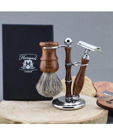 Haryali London 3-Part Razor Set | Sustainable Wooden Double Edge Safety Razor Gift Set with Super Roof Hair Brush & Rack - Buy Online on GoSupps.com