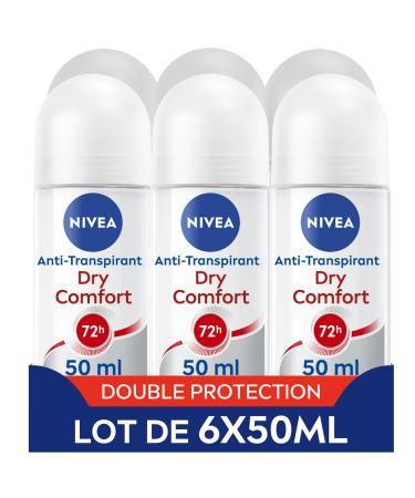 NIVEA Dry Comfort Antiperspirant Deodorant (6 x 50 ml), Roll-on deodorant for women with 72-hour protection, Women's deodorant with alcohol-free formula for all skin types