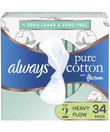 Always Pure Cotton With Flexfoam Pads For Women Size 2 Heavy Absorbency With Wings 34 Count 34 count (Pack of 1)