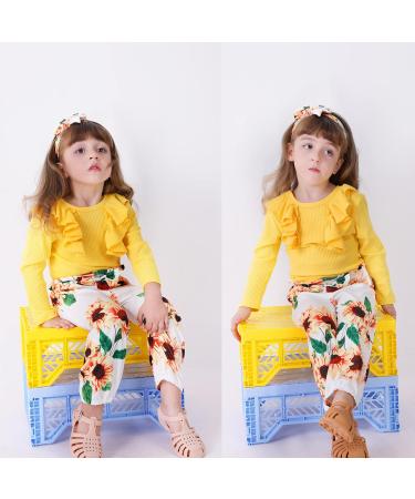 OFIMAN Toddler Baby Girl Outfits Set | Ruffle Top, Floral Pants, Bow Headband | 4-5 Years | Long Sleeve | Yellow - Buy Online on GoSupps.com