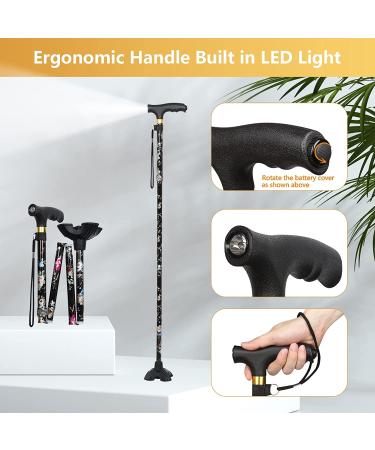 JUNRA Adjustable Folding Walking Cane with LED Light | Portable Foldable Stick for Seniors | Quad Base for Balance | Men and Women - Buy Online on GoSupps.com