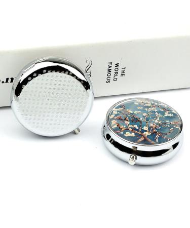 Round Almond Blossom Pill Box - 3 Compartment Portable Organizer | Decorative Metal Pocket Pill Case - Buy Online on GoSupps.com