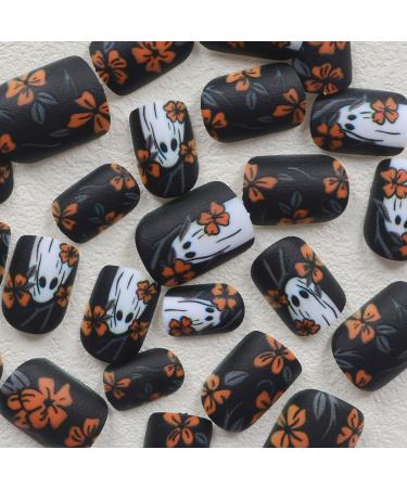 Halloween Press on Nails - Black Short Square False Nails | Ghost Flower Full Cover Acrylic Nails - 24 Pcs Stick on Manicure for Women & Girls - Buy Online on GoSupps.com