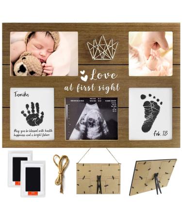 JunVpic Baby Handprint Footprint Frame Gifts Personalized Nursery Decor Keepsake Ultrasound and Newborn Picture Wooden Frame Kit with No-Clean Ink for Baby Registry Search Baby Shower New Parents Brown