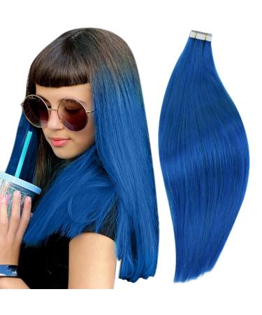 RUNATURE Tape in Extensions Human Hair Blue Tape in Hair Extensions Colored Tape Hair Extensions Real Hair Glue in Extensions Straight 25 Gram 20 Inch 20 Inch Tape #Blue