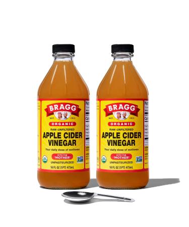 Bragg Organic Apple Cider Vinegar With the Mother Raw, Unfiltered All Natural Ingredients, 16 Fl Oz Pack of 2 w/ Measuring Spoon