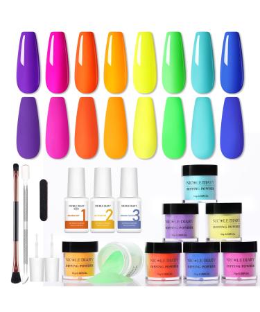 NICOLE DIARY Neon Dip Powder Nail Kit - 8 Colors Bright Summer Hot Pink Yellow Green Blue Nail Dipping Powder Liquid Set with Base Top Coat Activator for Beginners French Nail Art Manicure Bright Summer Colors