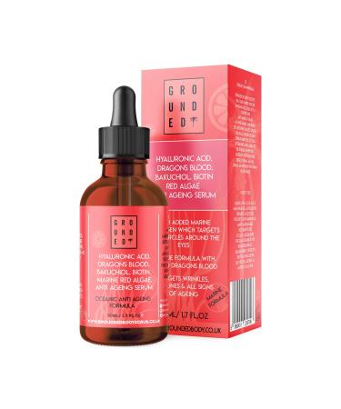 Grounded Hyaluronic Acid Serum | Anti Ageing Face Solution | Instantly Targets Wrinkles Fine Lines & All Signs of Ageing | Formulated with Dragons Blood & Marine Collagen | Pure Natural Skincare 50mL