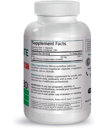 Iron Bisglycinate 25mg - Gentle on Stomach - Supports Energy & Red Blood Cell Production - Non-Constipating - Non GMO - 180 Vegetarian Capsules - Buy Online on GoSupps.com